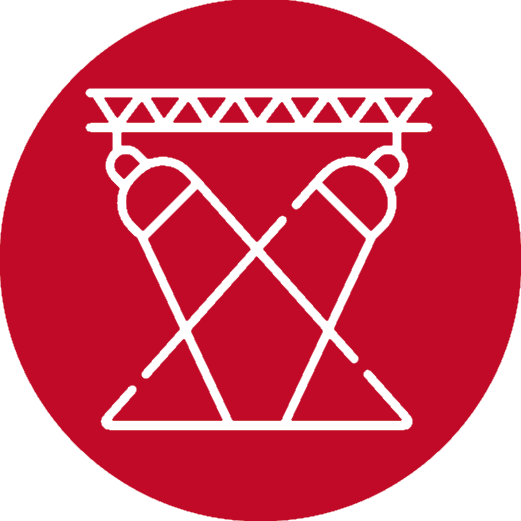Icône stylisée représentant deux projecteurs croisés sous une structure de scène, dessinée en blanc sur un fond rouge.