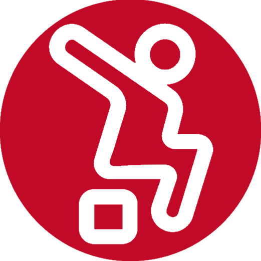 Icône stylisée d'un personnage réalisant un mouvement de parkour sur un bloc, dessinée en blanc sur un fond rouge